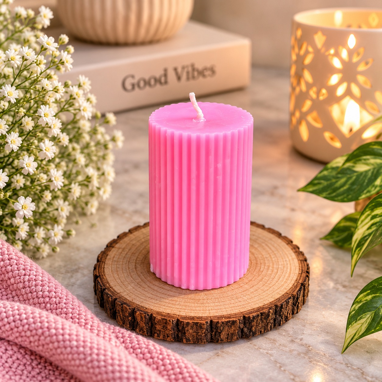 Pink Bliss Ribbed Pillar Candle