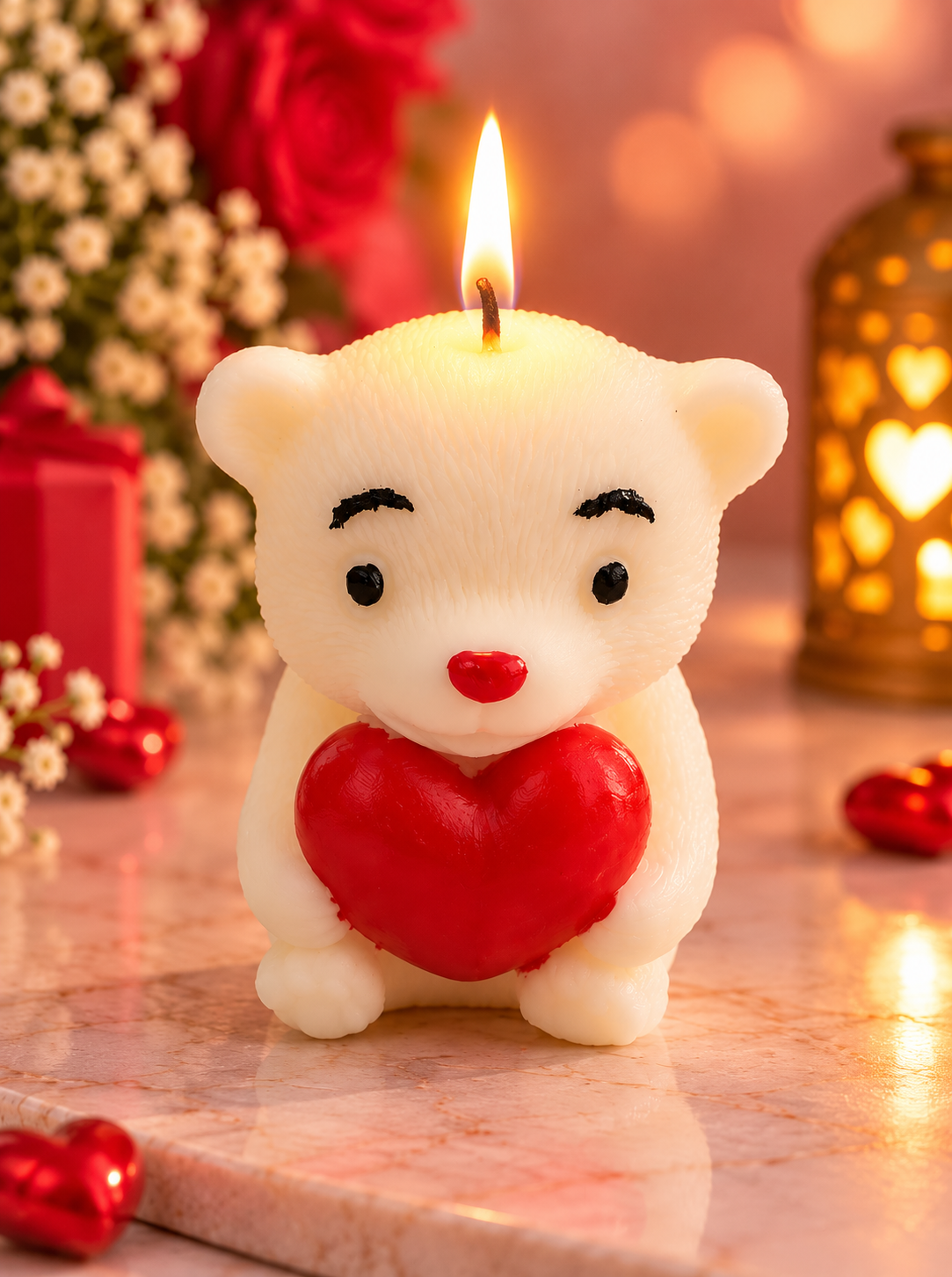 Teddy Bear Holding Red Heart Candle