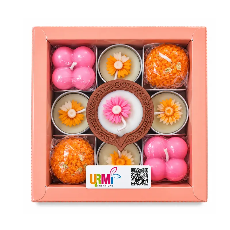 Floral Delight Decorative Candle Gift Set – Pink & Orange (9 Pieces)
